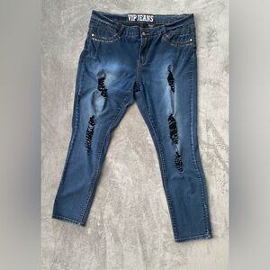 VIP Jeans Women’s Stretch Distressed Skinny Jeans Blue Size 18 Sequins Denim